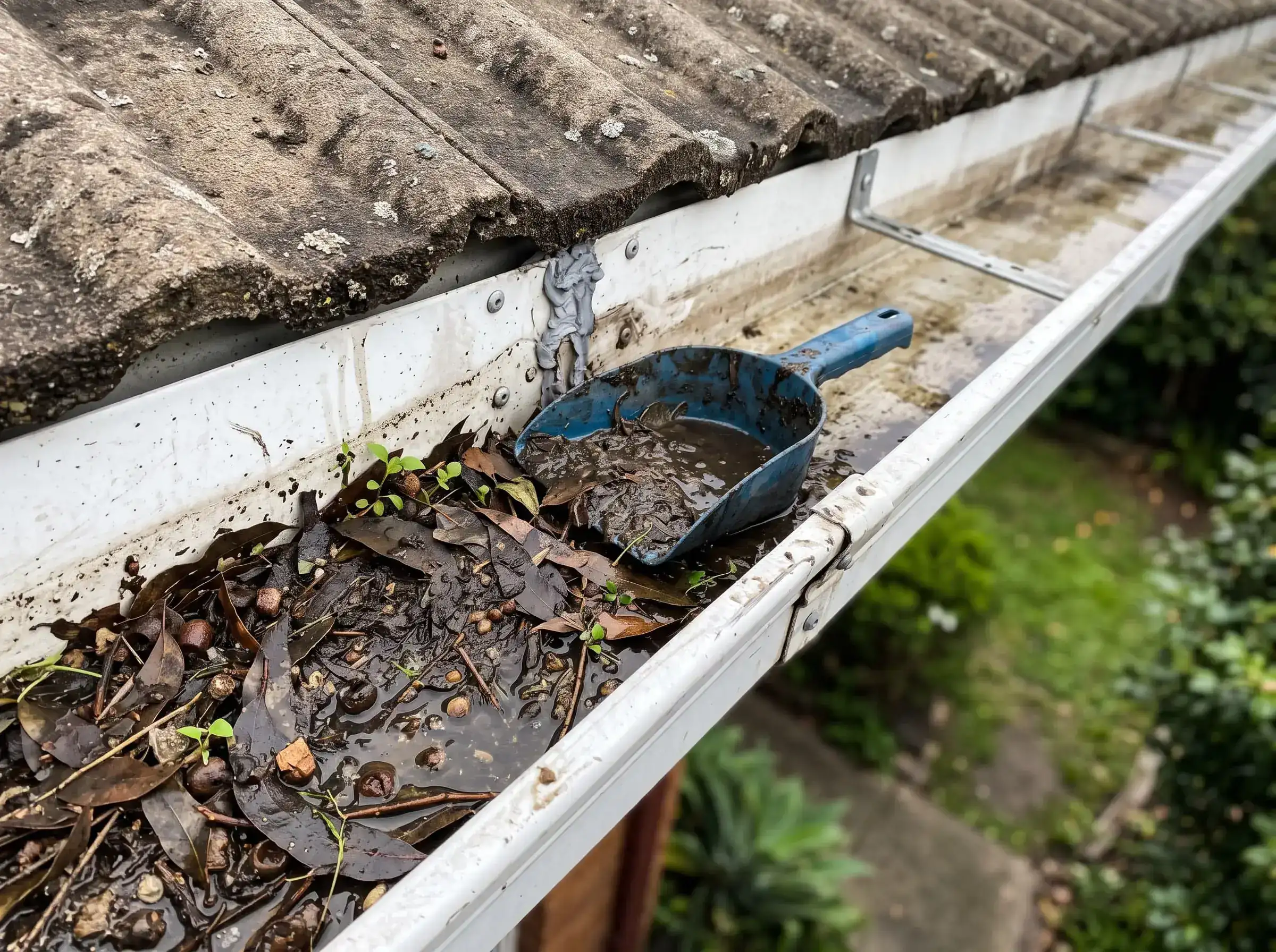 Hand clearing leaves and silt from residential roof gutter