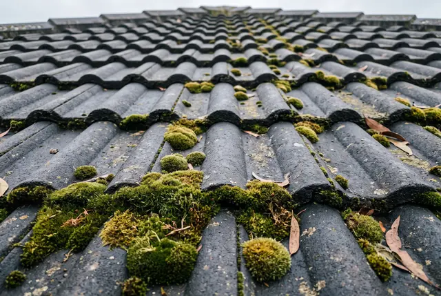 Moss clumps on roof tiles